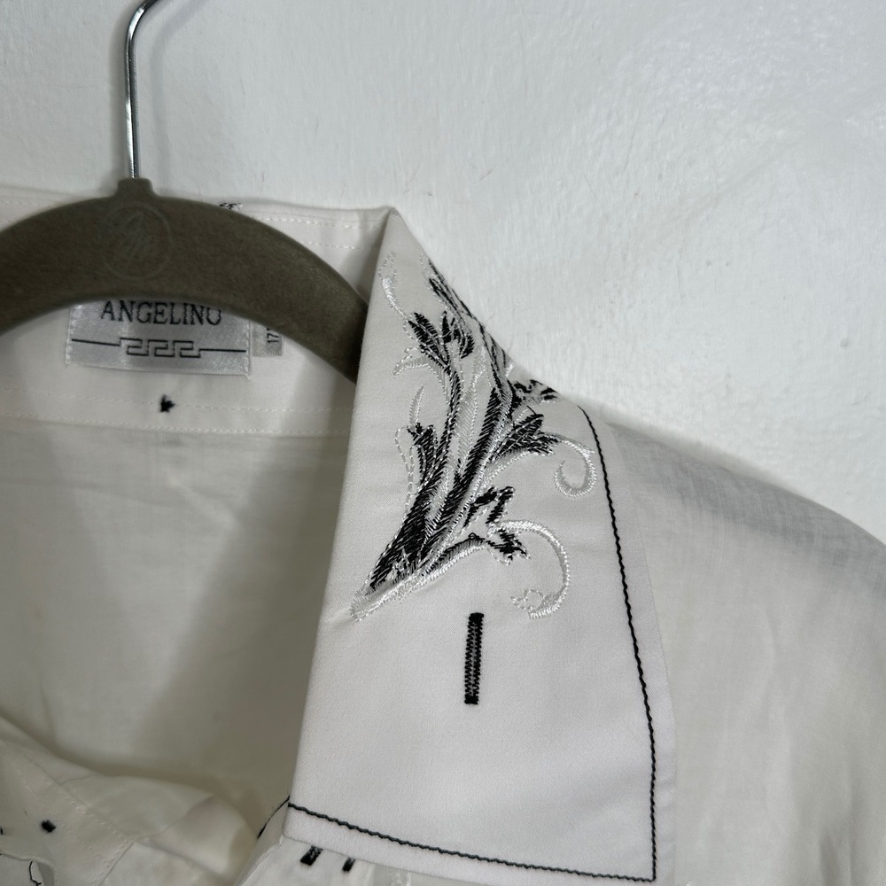 Angelino Mens White Embroidered Button Down Shirt Baroque Long Sleeve 17.5 - Picture 6 of 6